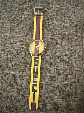 Gucci Yellow and Burgundy Logo Strap Watch